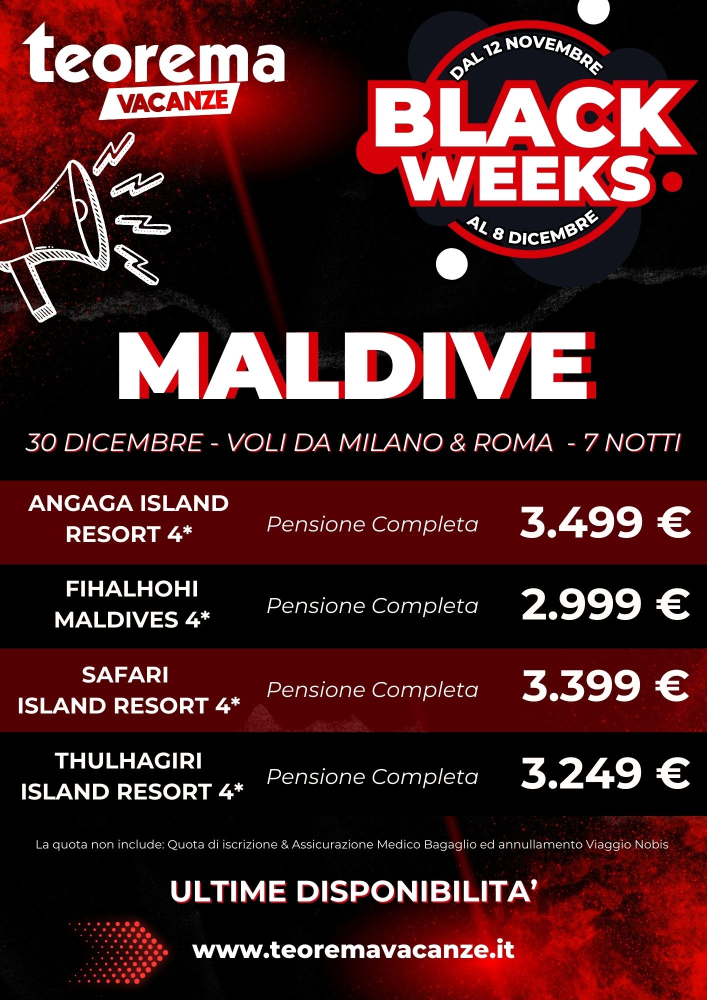 BLACK WEEKS! MALDIVE DA MILANO E ROMA 30 dicembre